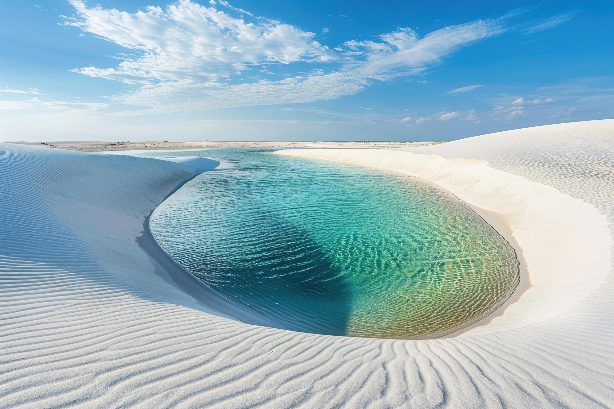 Turquoise and crystal-clear water lagoon surrounded by white sand dunes under a blue sky in Lençóis Maranhenses