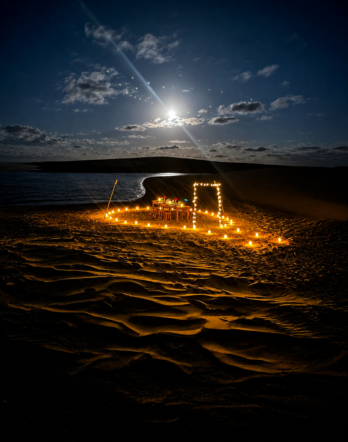 Jantar romântico à luz de velas nas dunas de areia ao lado da lagoa sob a lua cheia em Atins.