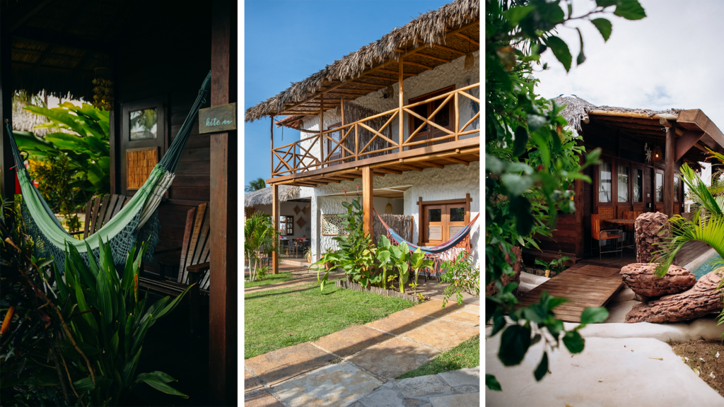 Composição de três imagens mostrando diferentes ângulos de uma charmosa pousada em Atins, com estruturas de madeira rústica, telhados de palha, varandas com redes, paisagismo tropical e um caminho de pedra em um dia ensolarado.