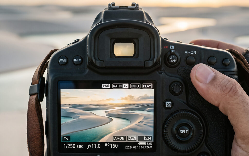 Câmera fotográfica profissional exibindo foto das dunas e lagoas dos Lençóis Maranhenses na tela.