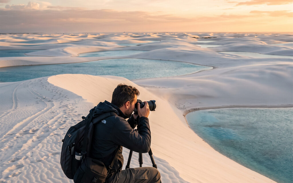 Fotógrafo com tripé registrando o pôr do sol nas dunas dos Lençóis Maranhenses.
